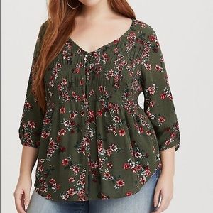 Torrid OLIVE FLORAL 3/4 SLEEVE SMOCK BLOUSE